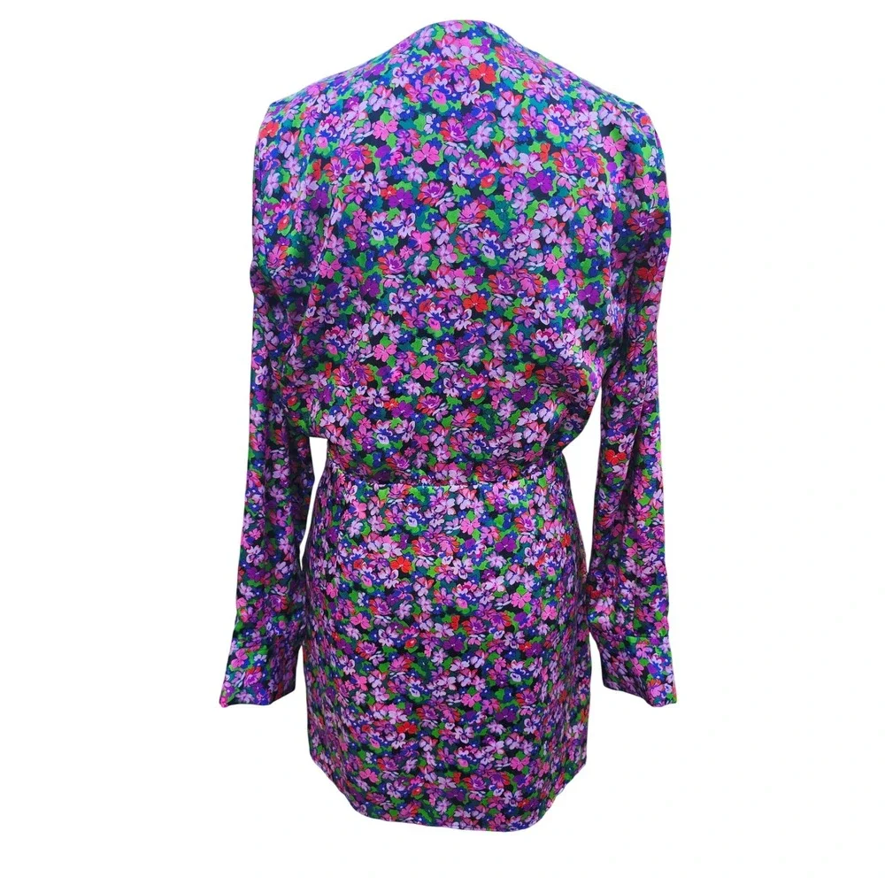 Zara Womens Purple Floral‎ Long Sleeve Wrap Mini Dress V-Neck Ruched Size Medium